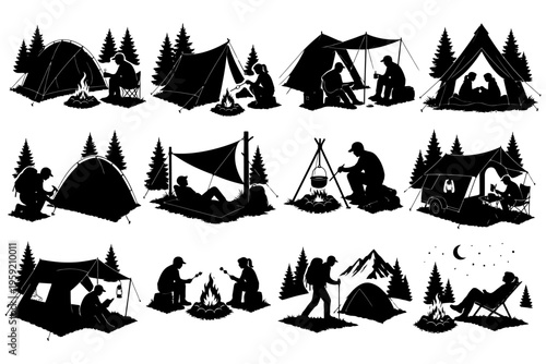 Silhouette camping scenes with people outdoors in nature.