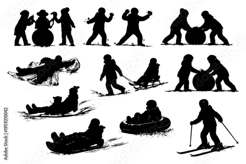Silhouettes of children playing winter sports and games.