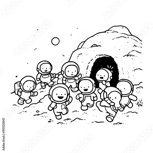 Group of smiling astronauts running towards a cave on a planetary surface with a moon in the background