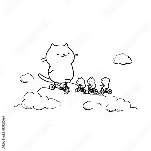 Whimsical illustration of a large cat riding a skateboard with three smaller cats on bicycles surrounded by fluffy clouds in a playful sky
