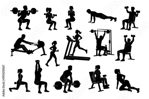 Silhouettes of diverse fitness exercises with equipment and free weights.