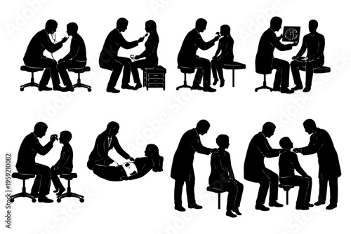 Silhouettes of medical examinations: doctor-patient interaction scenes.
