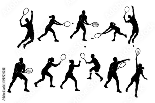 Silhouette action shots of tennis players in dynamic poses.