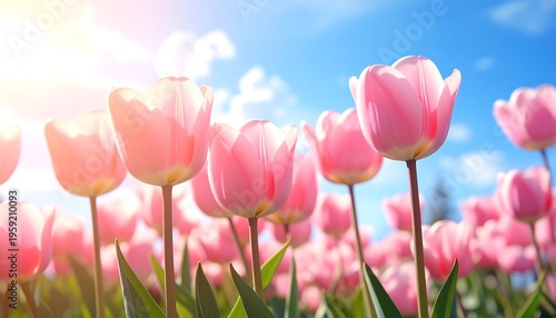 A field of soft pink flowers with green stems basks in the sunlight against a bright blue sky dotted with puffy white clouds
