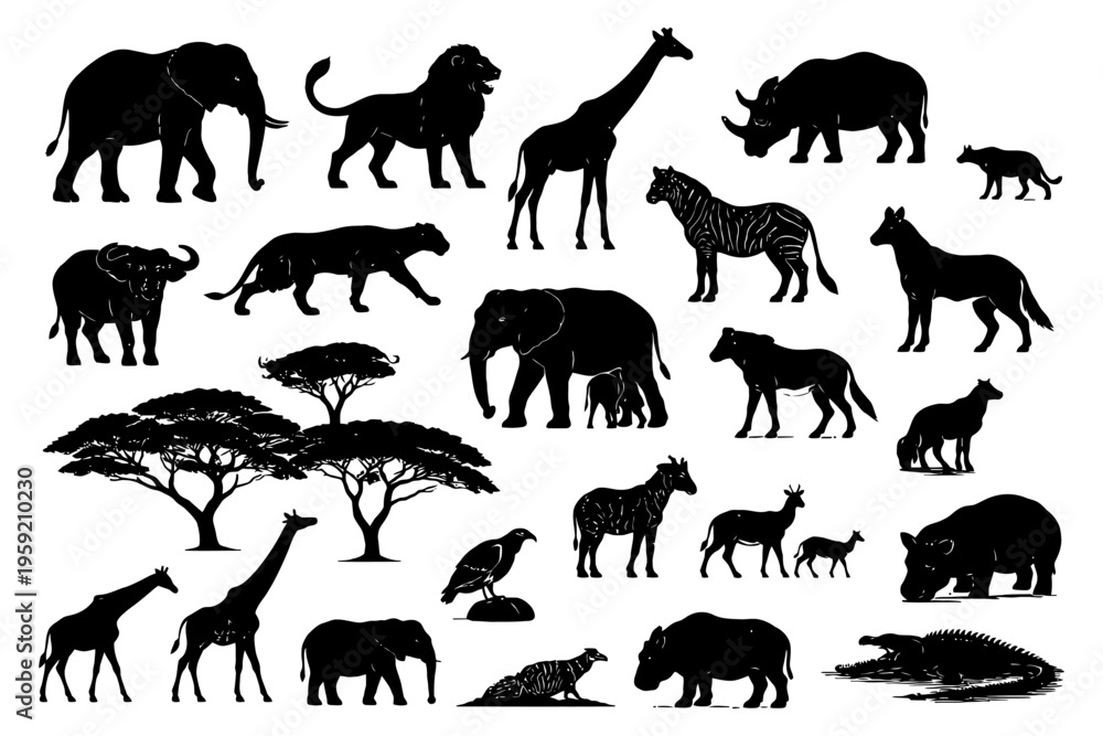 Fototapeta premium African wildlife silhouettes: giraffe, elephant, lion, zebra, rhino, crocodile.
