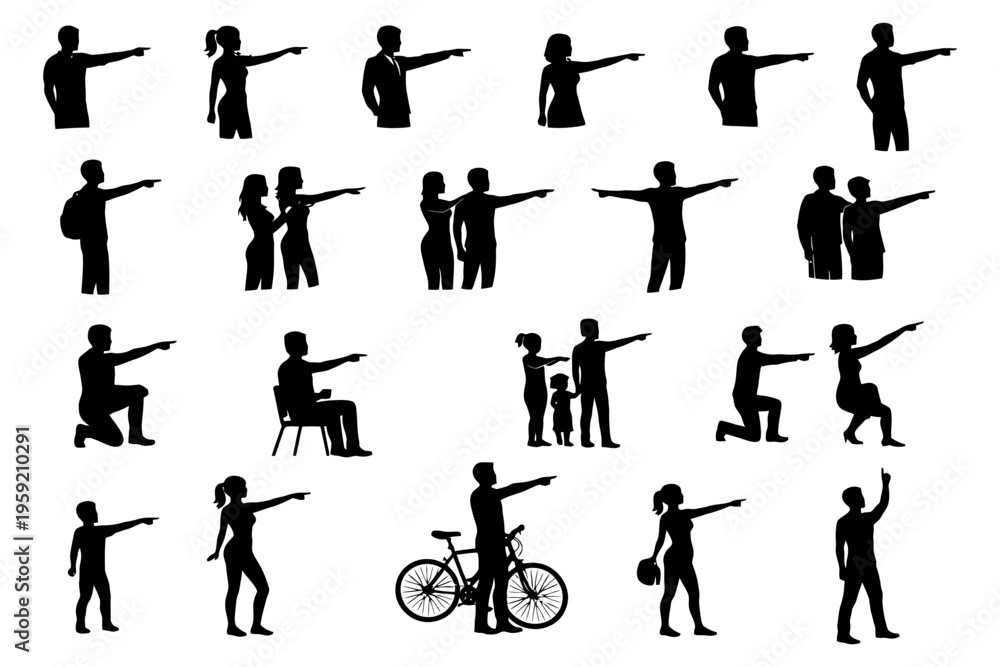 Fototapeta premium Diverse silhouettes of people pointing in varied poses and activities.