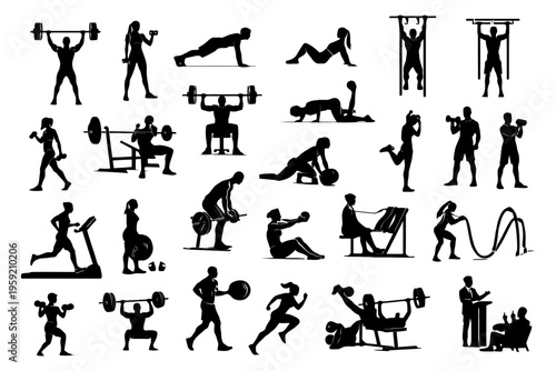 Diverse fitness silhouettes of men and women exercising with weights and cardio equipment.