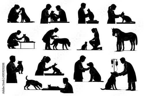 Veterinarian silhouettes in various animal care and treatment scenes.