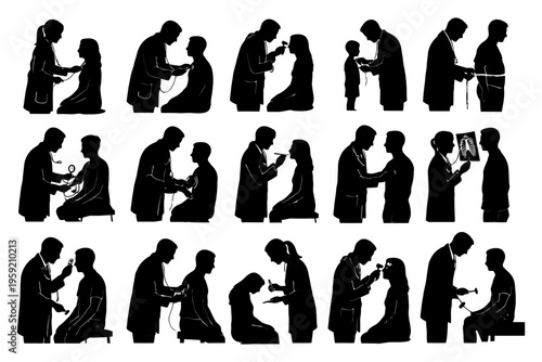 Silhouettes of medical examinations with doctors and patients.