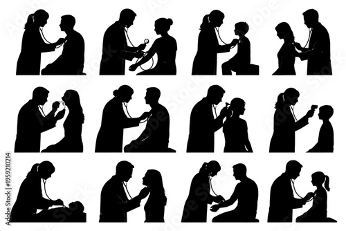 Silhouette illustrations of medical examinations featuring doctors and patients.