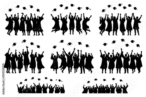 Silhouettes of diverse graduates celebrating in caps and gowns.