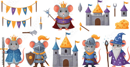 Cute medieval mouse characters with knight armor king crown wizard robe castle and fantasy elements cartoon vector illustration set