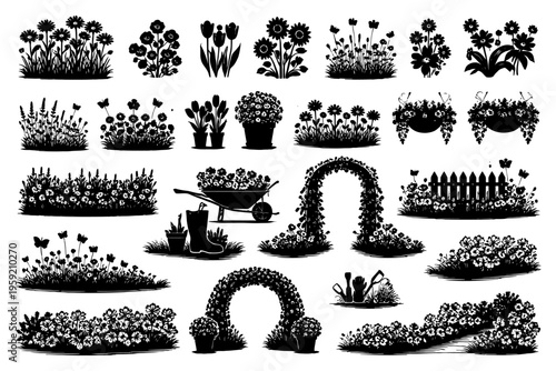 Silhouette garden scenes featuring floral arrangements and decorative arches.