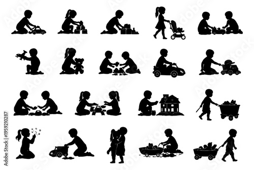 Silhouette children playing with toys in various activities.