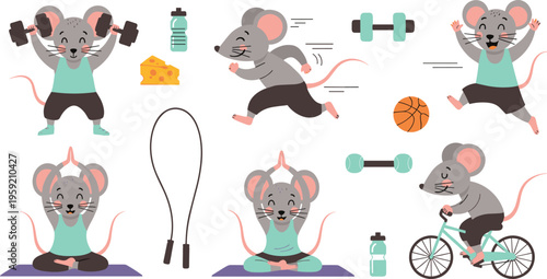 Cute mouse fitness set with workout exercises yoga running and cycling, healthy lifestyle cartoon character flat vector illustration