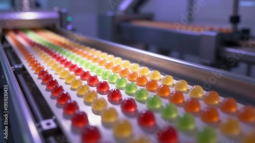 Rows of vibrant gummy candies on a moving conveyor belt in a modern food processing facility.