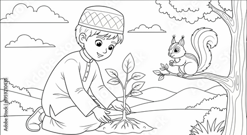 A young boy in a traditional outfit planting a tree with a squirrel watching from a nearby branch in a serene natural setting.