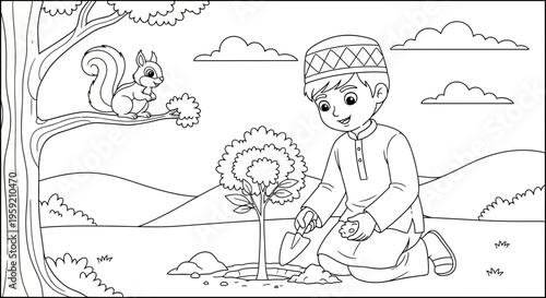 A young boy in a traditional outfit planting a tree with a squirrel watching from a nearby branch in a serene landscape