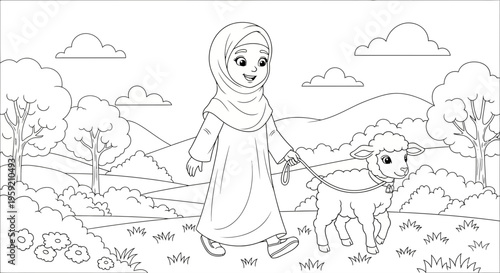 A smiling Muslim girl wearing a hijab walks with a lamb on a leash in a serene natural landscape with trees and hills.