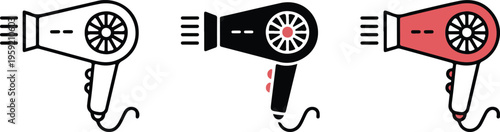 Professional handheld hair dryer icon set featuring beauty salon and grooming tools in minimalist line art and flat styles.