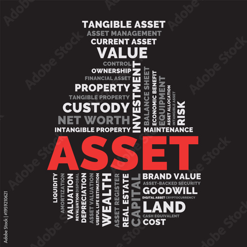 Asset Word Cloud Design for Poster, Wall Art, Accounting Training Print, Classroom Decor. Asset bold dark typography