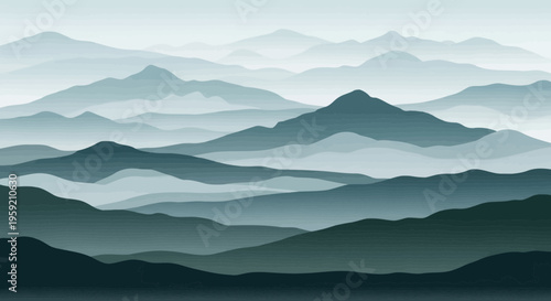 A serene vector illustration of layered mountains in various shades of green and blue