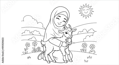 A smiling Muslim girl in a hijab hugging a goat in a sunny meadow with flowers and clouds