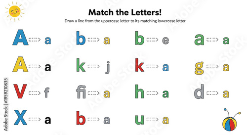 A colorful educational illustration of matching uppercase and lowercase letters for children