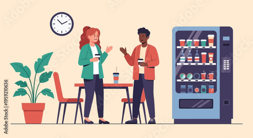 A vector illustration of two people chatting near a vending machine and table with a plant