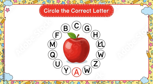 A colorful educational illustration of a red apple surrounded by alphabet letters and a banner that reads Circle the Correct Letter