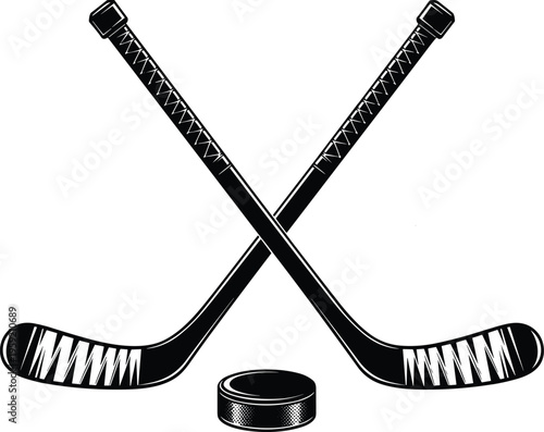 "Black and white crossed hockey sticks with puck illustration symbolizing ice hockey sport, teamwork, competition, emblem design, sports logo concept for events and branding"