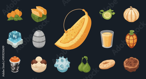 A colorful vector graphic illustration of various fruits and desserts on a dark background