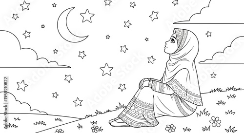 A serene woman in a hijab sits under a starry night sky with a crescent moon