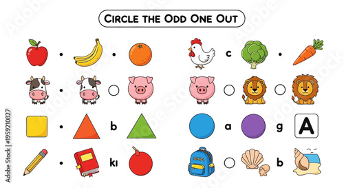 A colorful educational vector graphic illustrating a children's game to identify the odd one out among various objects.