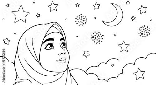 A minimalist line art illustration of a woman wearing a hijab looking up at the stars and moon in a night sky