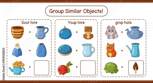A colorful educational vector graphic illustrating a children's sorting game with various objects and cute animal characters