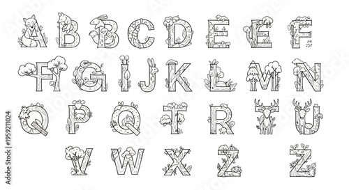 A vector graphic illustration of a whimsical alphabet set with letters decorated with trees and animals.