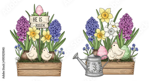 Spring celebration with bunnies, flowers, and a watering can in rustic planters