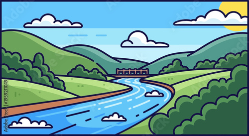 A serene cartoon landscape with a winding river and a bridge in the distance