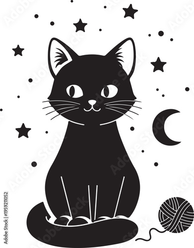 Whimsical silhouette cat under starry night sky with moon, Generative Ai