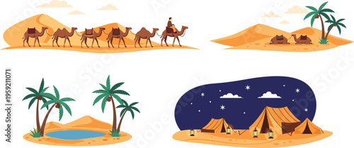 Desert landscape set with camel caravan oasis palm trees and nomadic tents, Arabian travel scene flat vector illustration