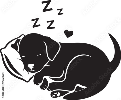 Sleeping dog silhouette with zzz and heart symbols, Generative Ai