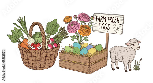 A farm scene showcasing fresh produce, flowers, and farm-fresh eggs with a sheep.