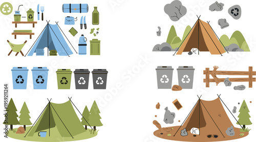 Eco friendly camping set with recycling waste sorting and nature protection, sustainable outdoor lifestyle flat vector illustration