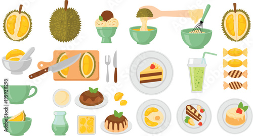 Durian desserts and food collection with cakes drinks noodles and sliced tropical fruit vector illustration set