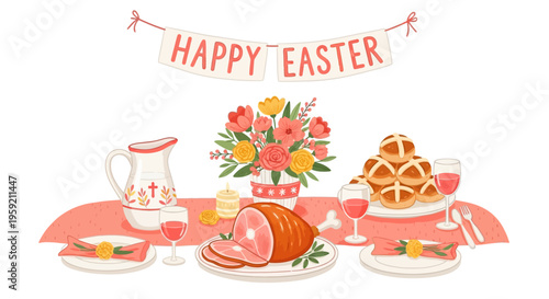 Colorful easter celebration with traditional food and decorations on a festive table
