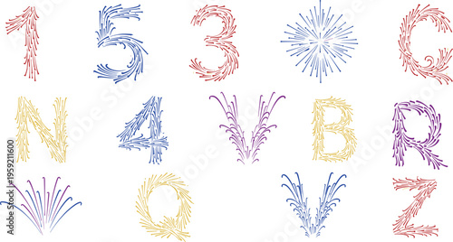 Fireworks alphabet and numbers collection with colorful sparkler letters and digits festive typography vector illustration set