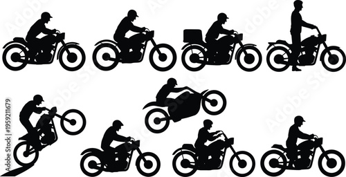 Motorcycle rider silhouettes set with different riding poses and stunt actions, biker lifestyle vector illustration collection, transport design elements isolated on white background