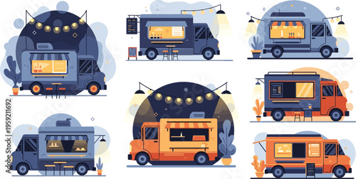 Food truck street market set with mobile cafe vans night lights and street food concept flat vector illustration
