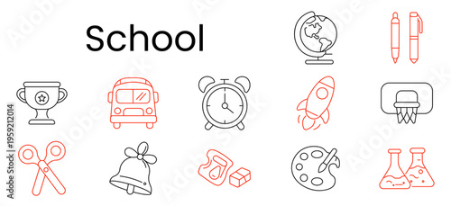School set icon. Outline pictograms, globe, pens, trophy, bus, alarm clock, rocket, basketball hoop, scissors, bell, sharpener, eraser, palette, laboratory flasks.